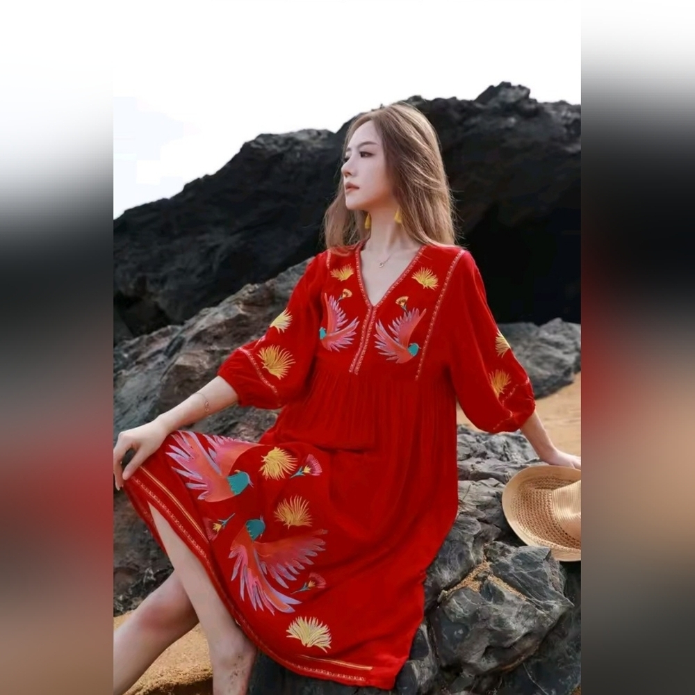 Vibrant Red Maxi Dress with Embroidered Details - Picture 1 of 13